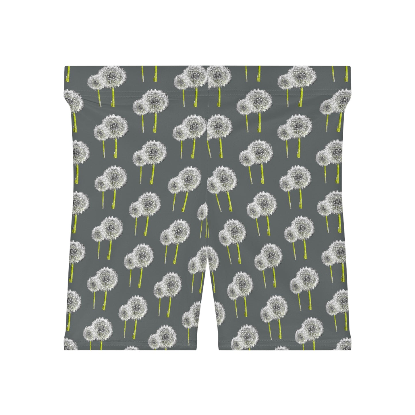 Front view of women's dandelion print bike shorts featuring a floral botanical pattern