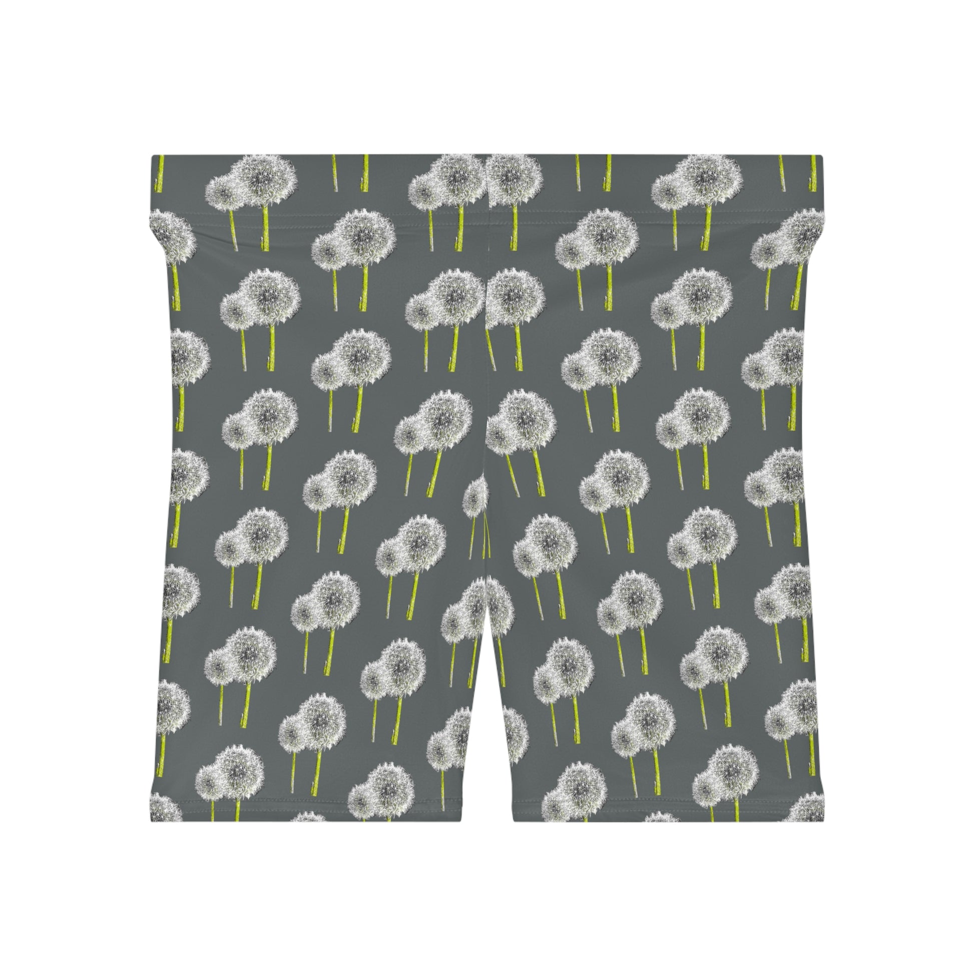 Front view of women's dandelion print bike shorts featuring a floral botanical pattern