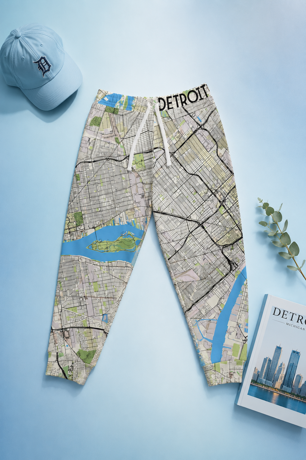 Detroit city map joggers displayed on a soft blue editorial flat lay background