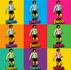 Diego Maradona pop art pattern artwork featuring colorful repeated illustrations