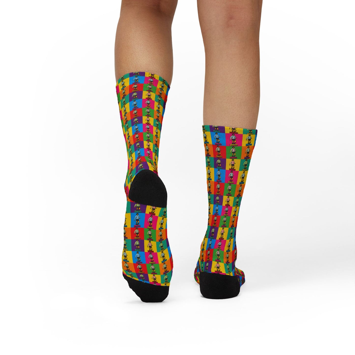 Back view of Diego Maradona unisex crew socks on model