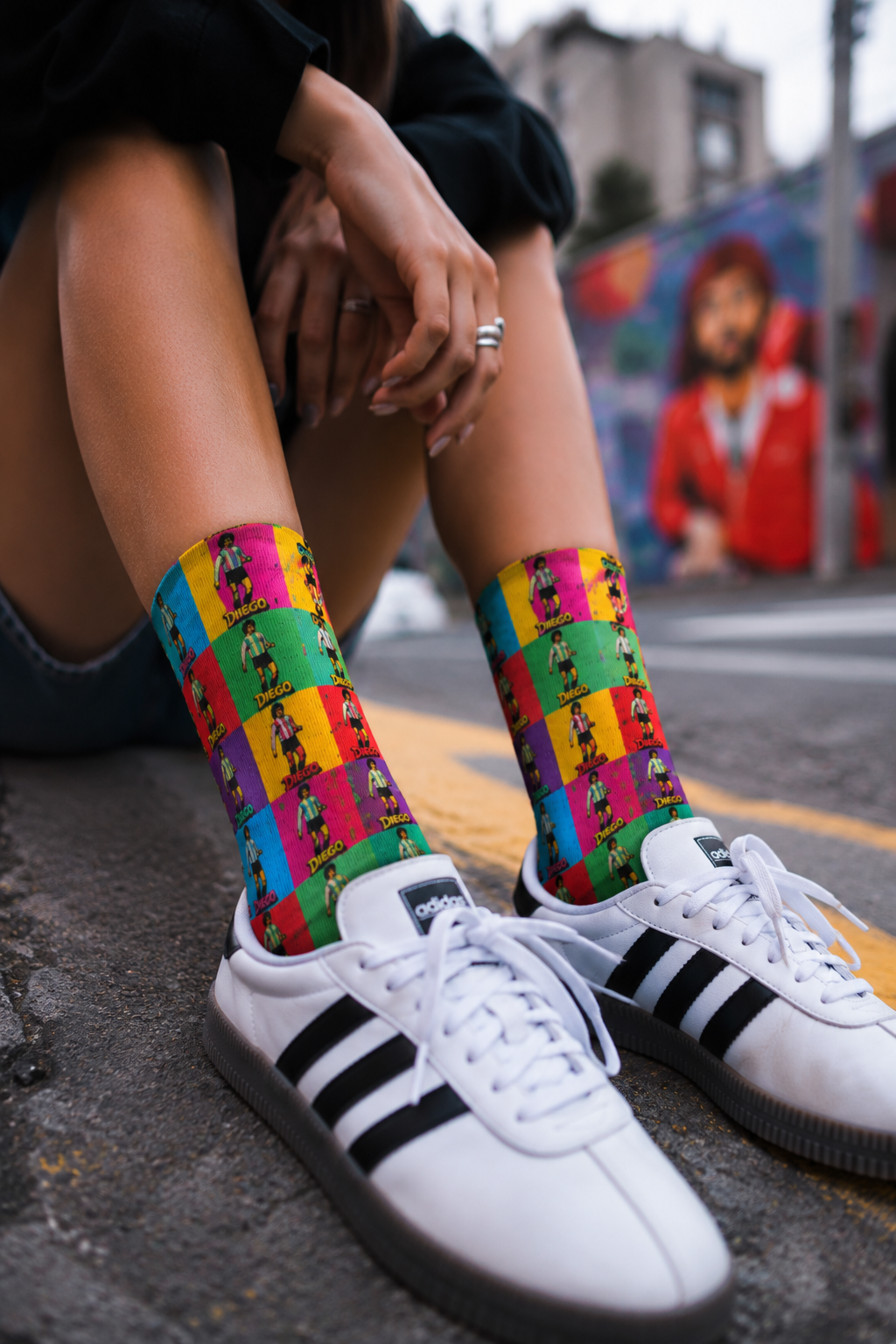 Diego Maradona pop art socks worn in casual lifestyle pose