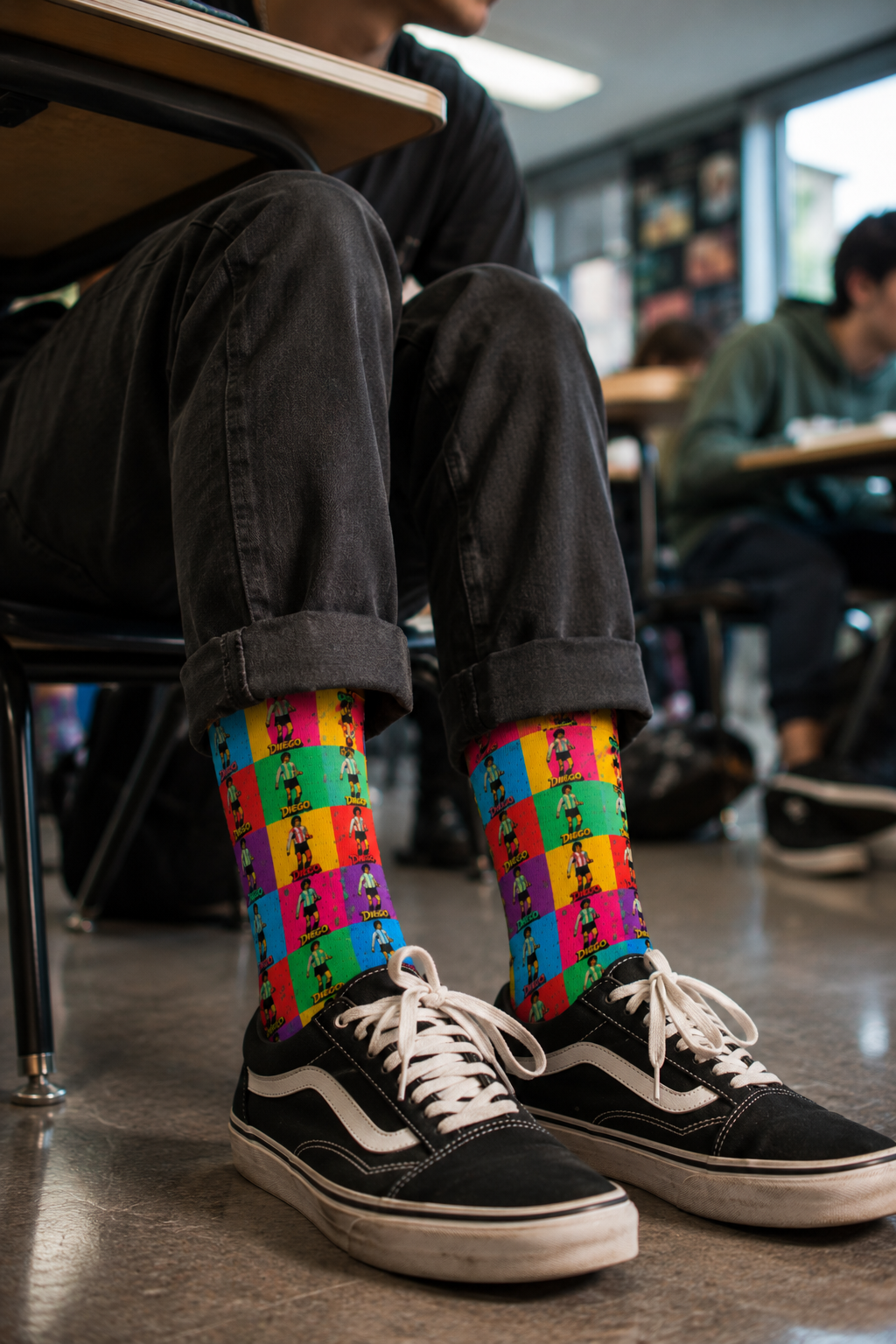 Gen Z male wearing Diego Maradona soccer socks in classroom