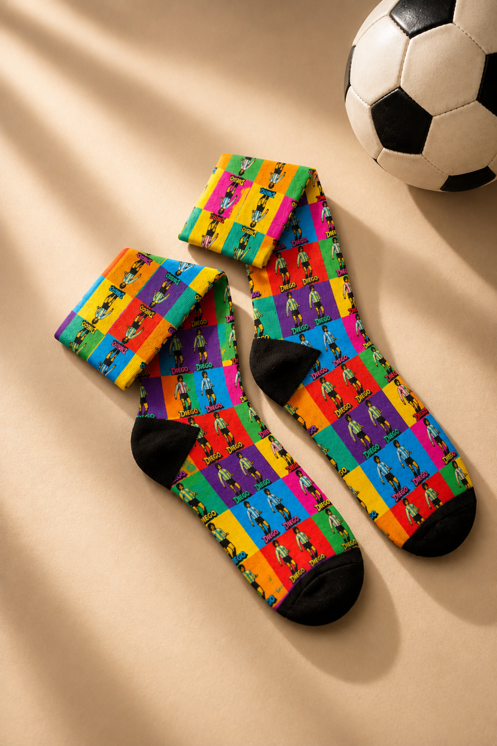 Diego Maradona soccer socks editorial flat lay with soft beige background