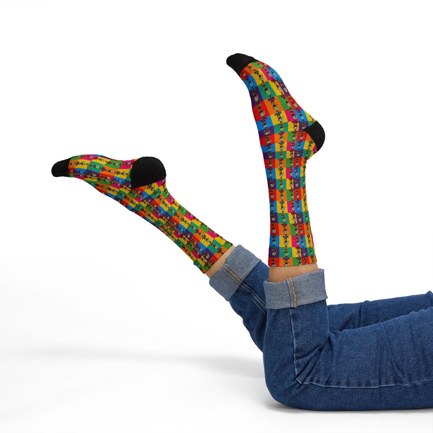 Fun lifestyle shot of Diego Maradona soccer socks worn in playful pose