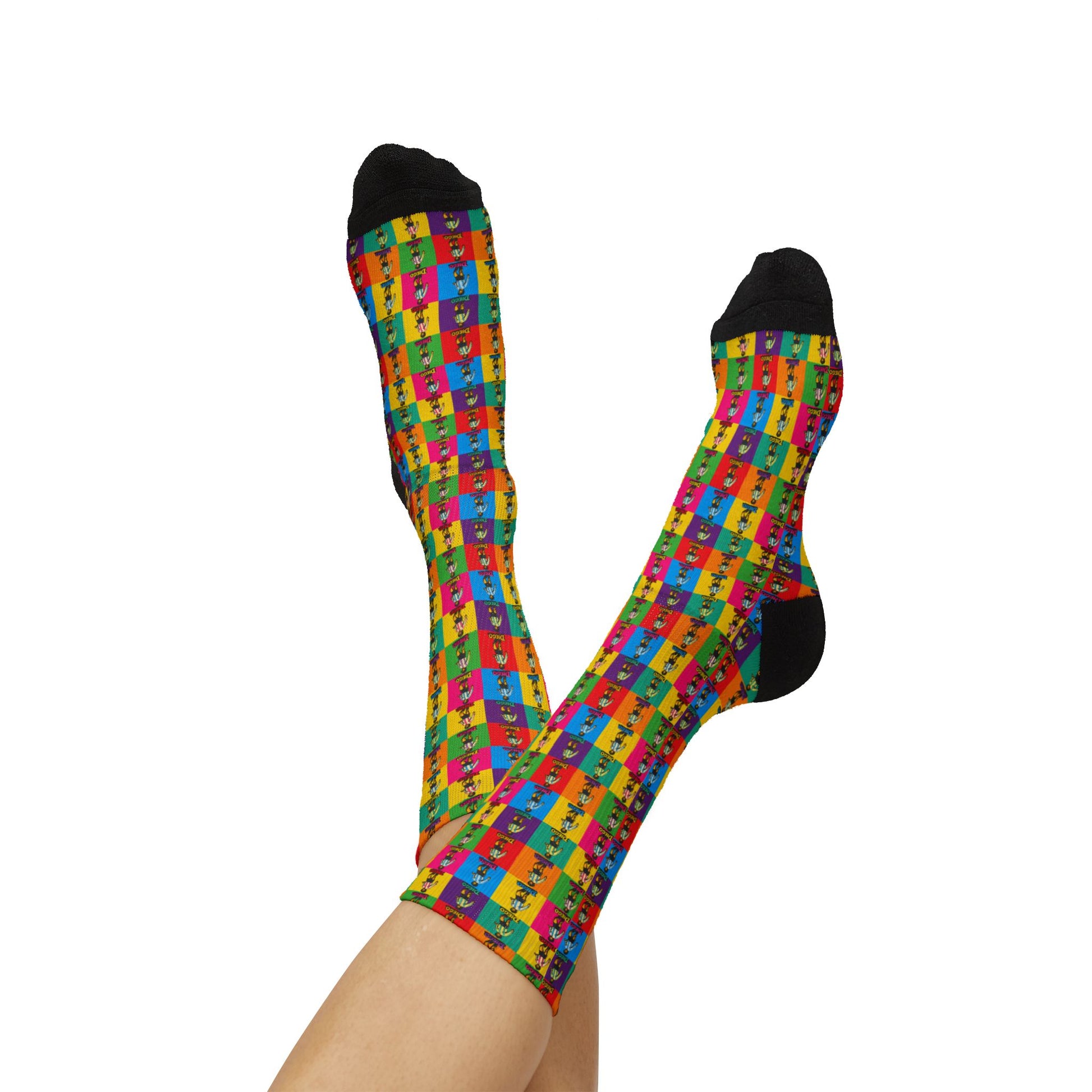 Playful lifestyle shot of Diego Maradona soccer socks worn upside down