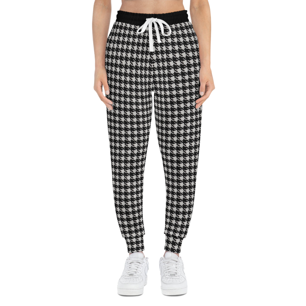 Woman wearing black and white Dishwasher Joggers shown from the front