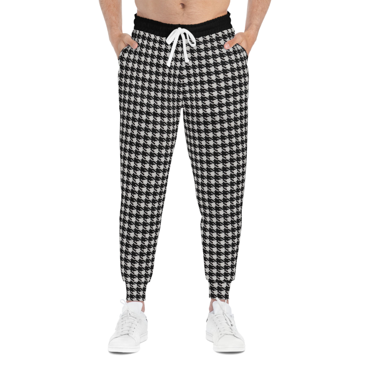 Man wearing black and white Dishwasher Joggers shown from the front