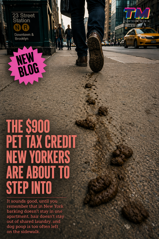 NYC sidewalk dog poop trail behind pedestrian representing urban pet ownership impact.