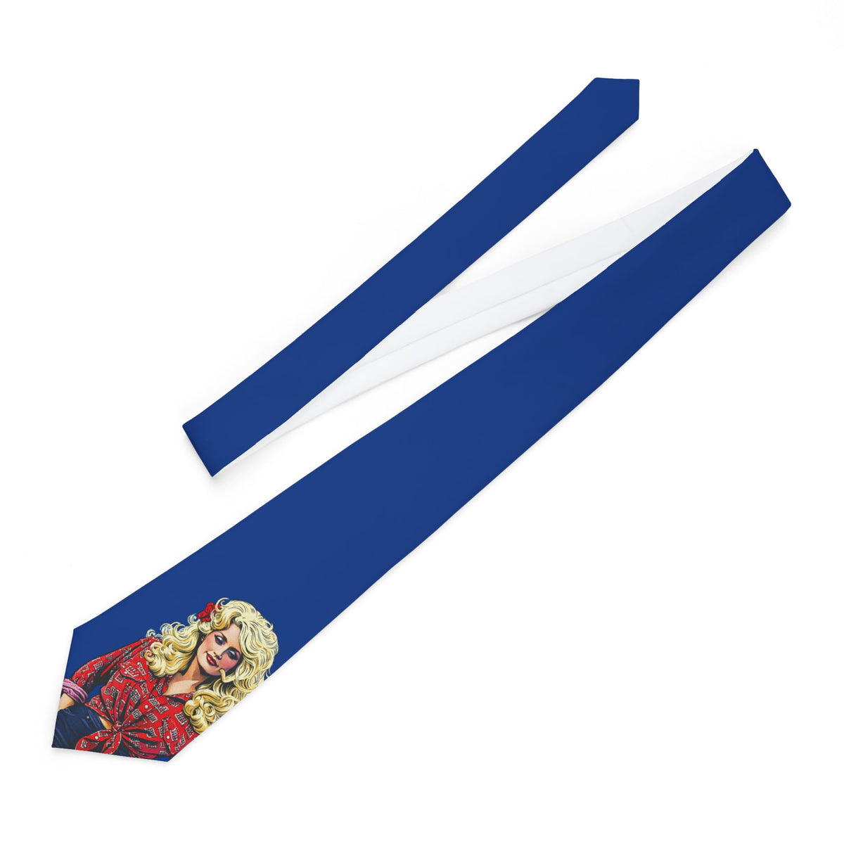 Blue Dolly Parton-inspired necktie laid flat with colorful portrait artwork near the tip
