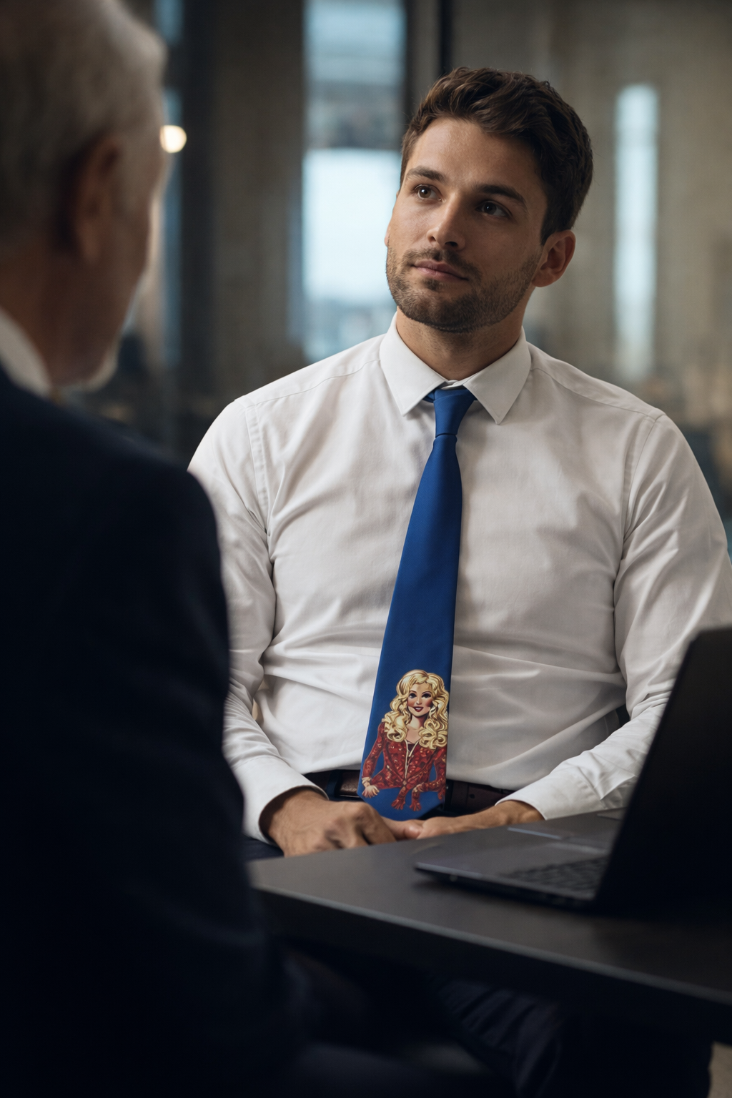 Man wearing a blue Dolly Parton-inspired graphic necktie with a white dress shirt in an office