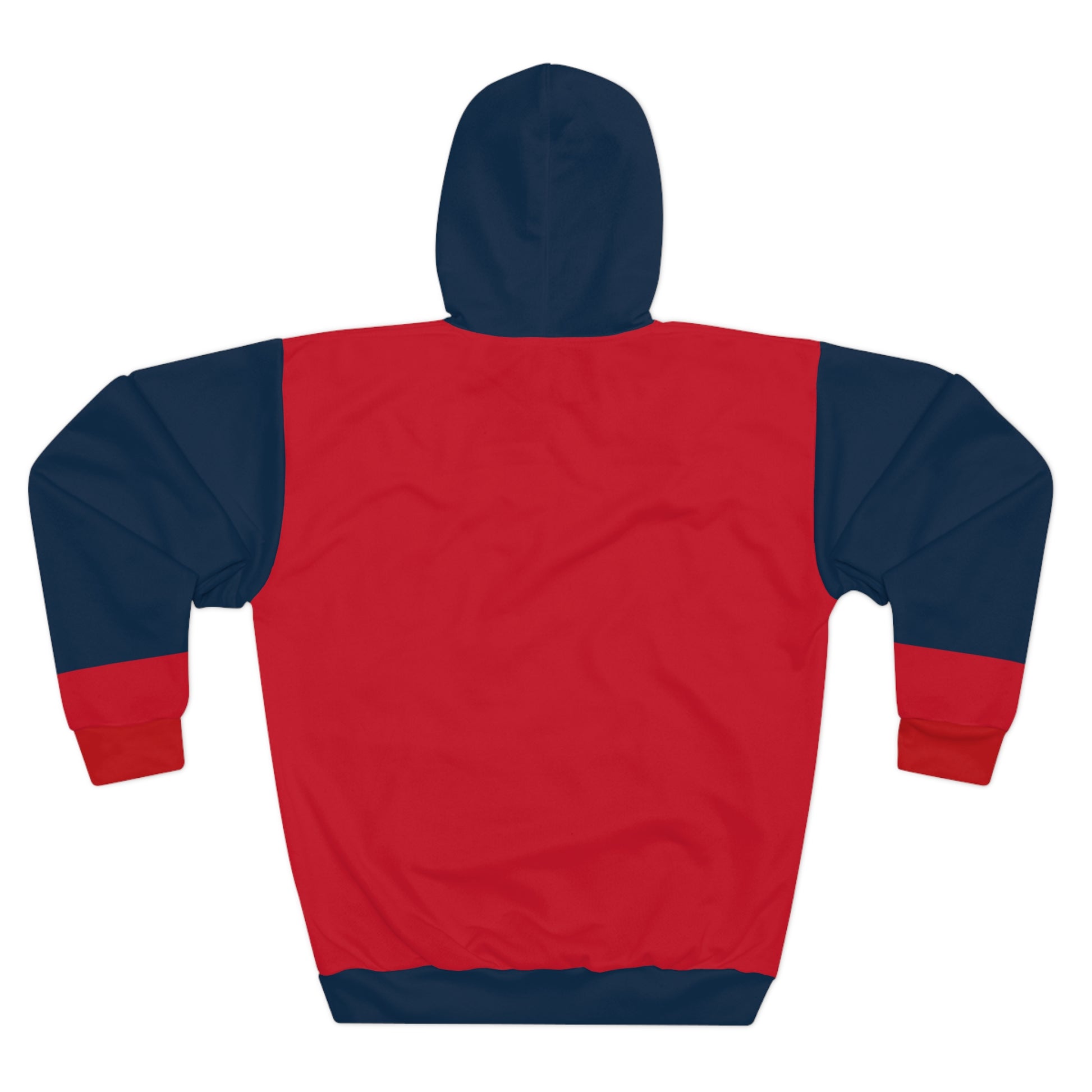 Back view of red and navy unisex graphic hoodie