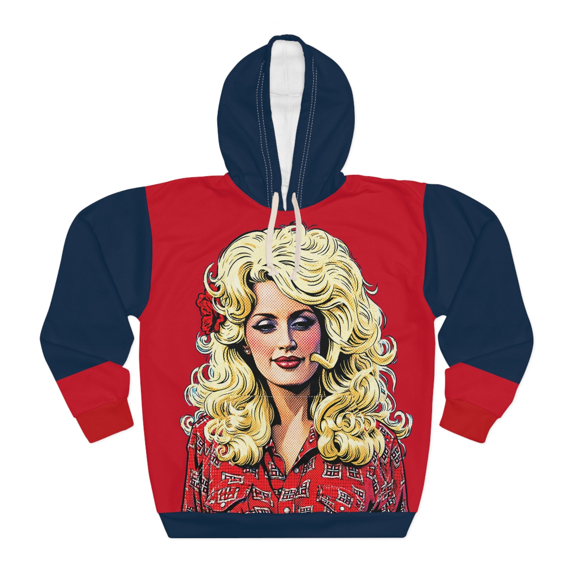 Front view of red and navy Dolly Parton-inspired hoodie with colorful portrait graphic