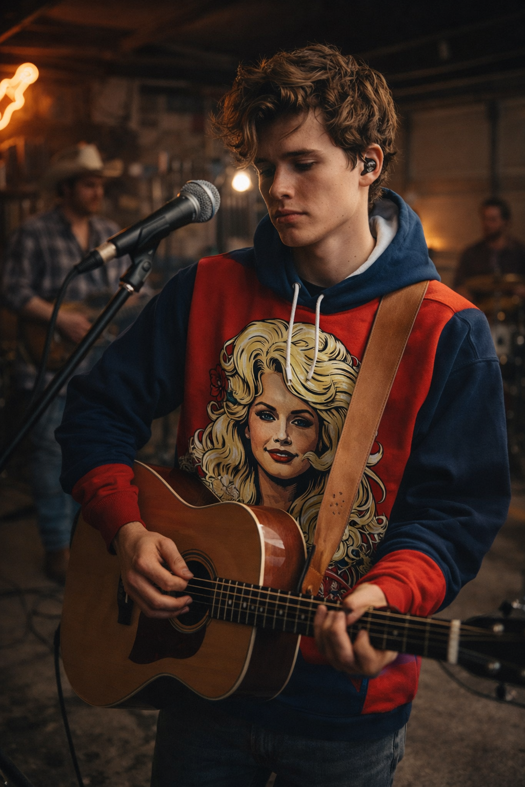Musician playing acoustic guitar while wearing a red and navy Dolly Parton-inspired graphic hoodie