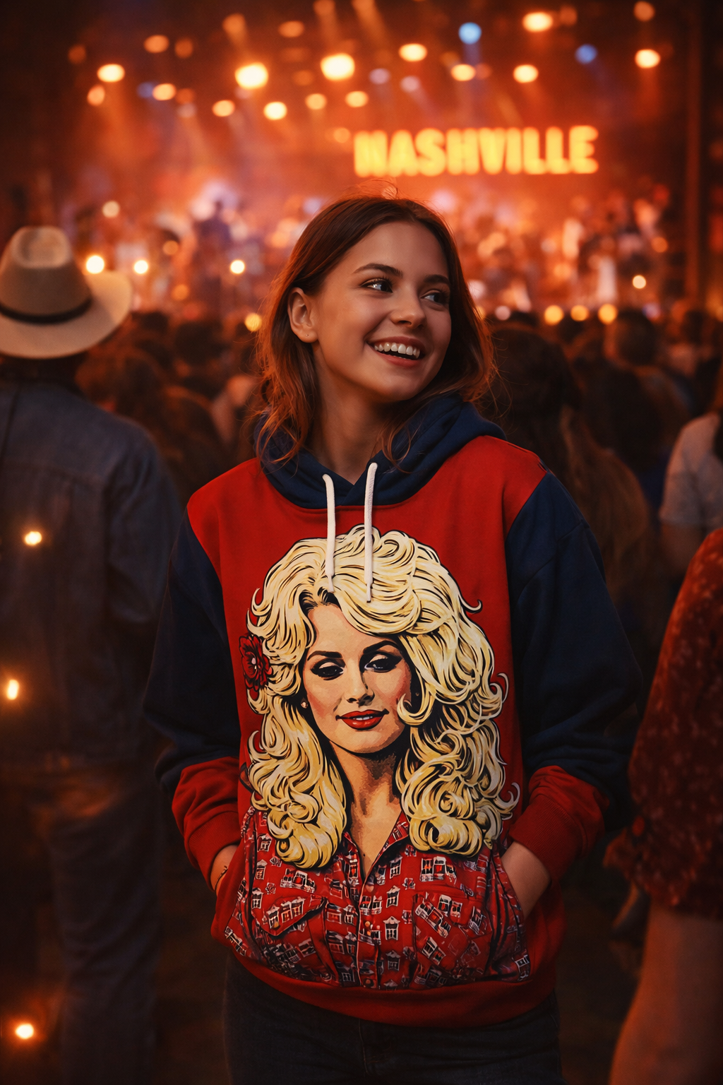 Woman wearing a Dolly Parton-inspired graphic hoodie in a Nashville music setting