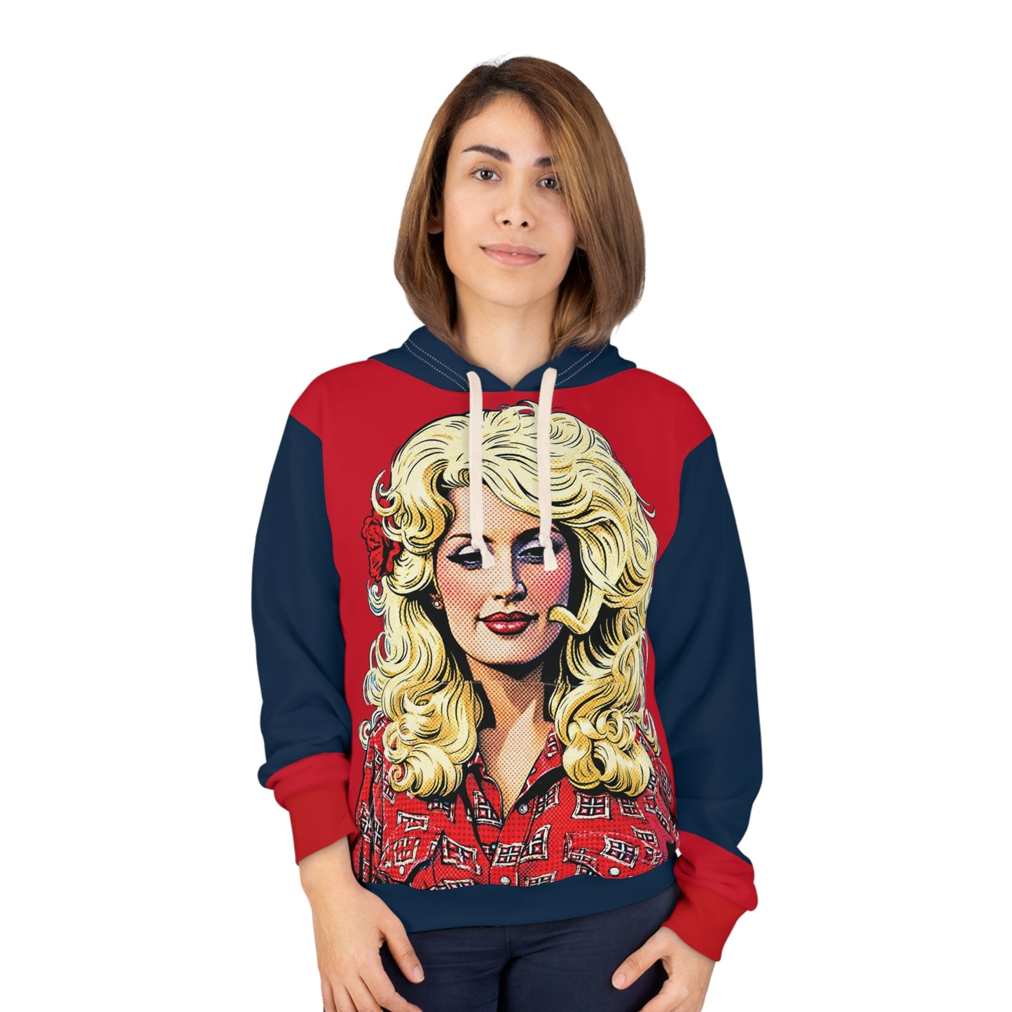 Woman modeling a red and navy Dolly Parton-inspired graphic hoodie
