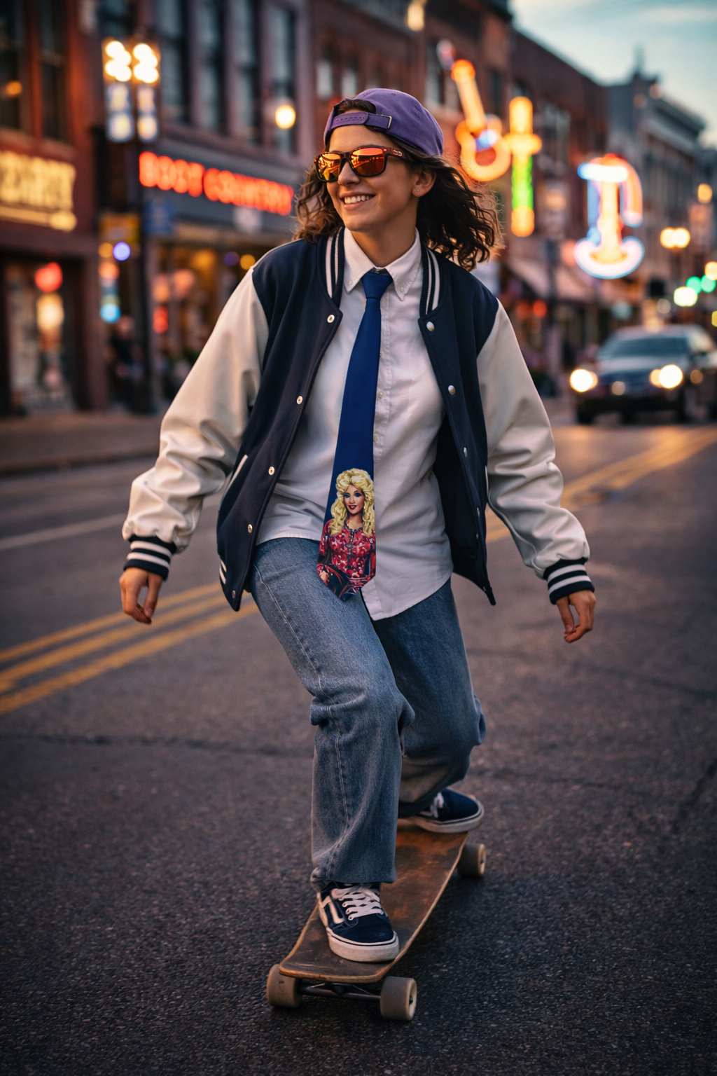 Person wearing a blue Dolly Parton-inspired necktie with a casual streetwear outfit at night