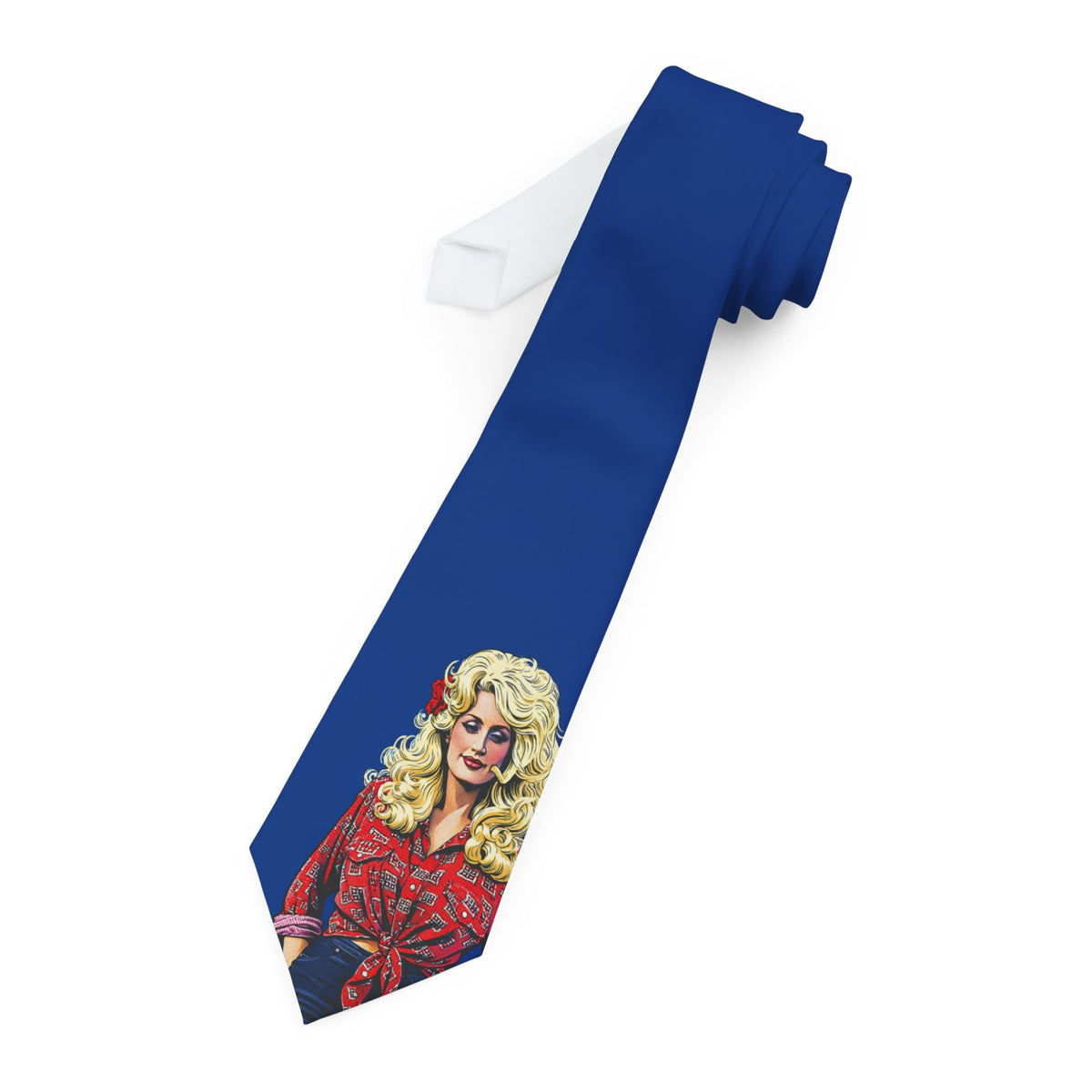 Blue satin Dolly Parton-inspired necktie with colorful portrait graphic near the bottom