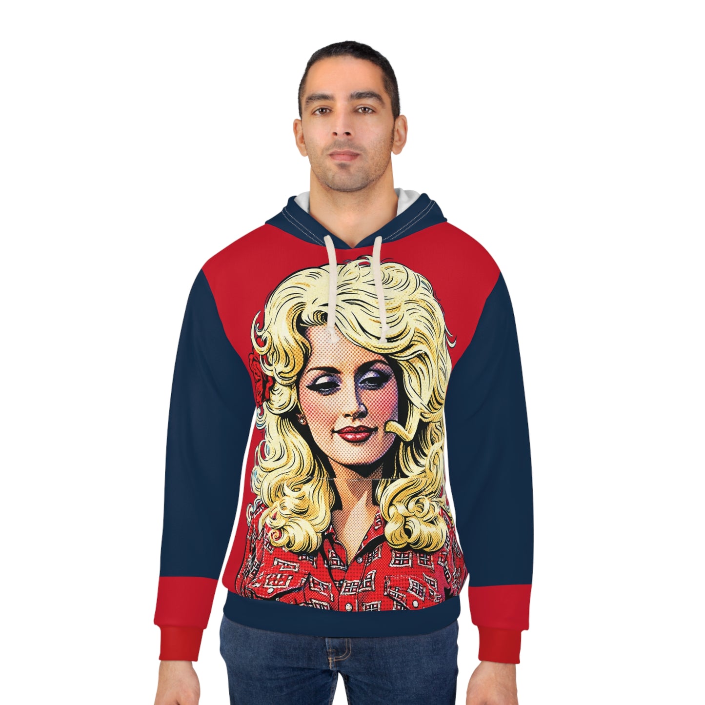 Man modeling the Dolly Parton-inspired red and navy unisex graphic hoodie