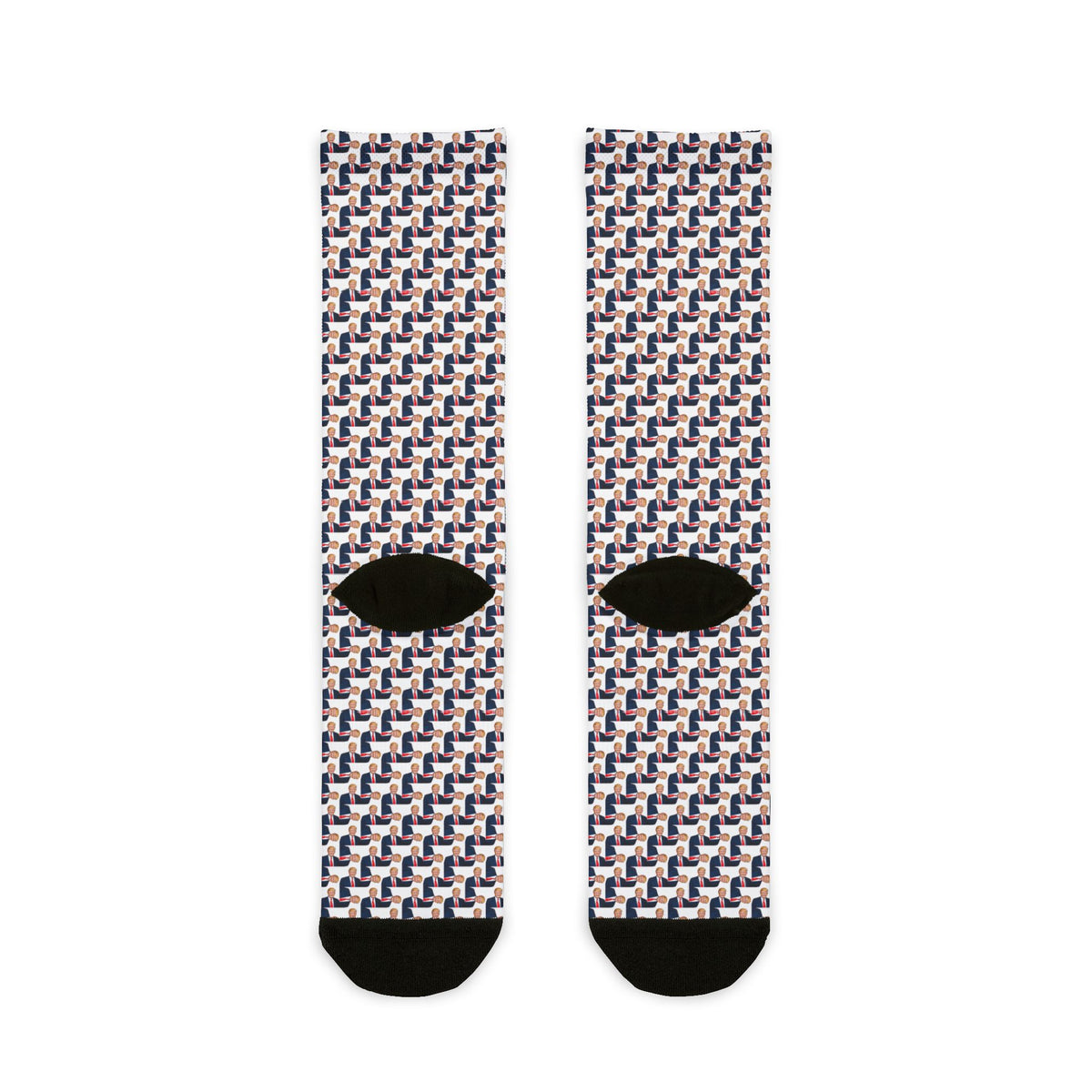 Donald Trump Crew Socks flat lay with repeating portrait pattern and black heel and toe accents