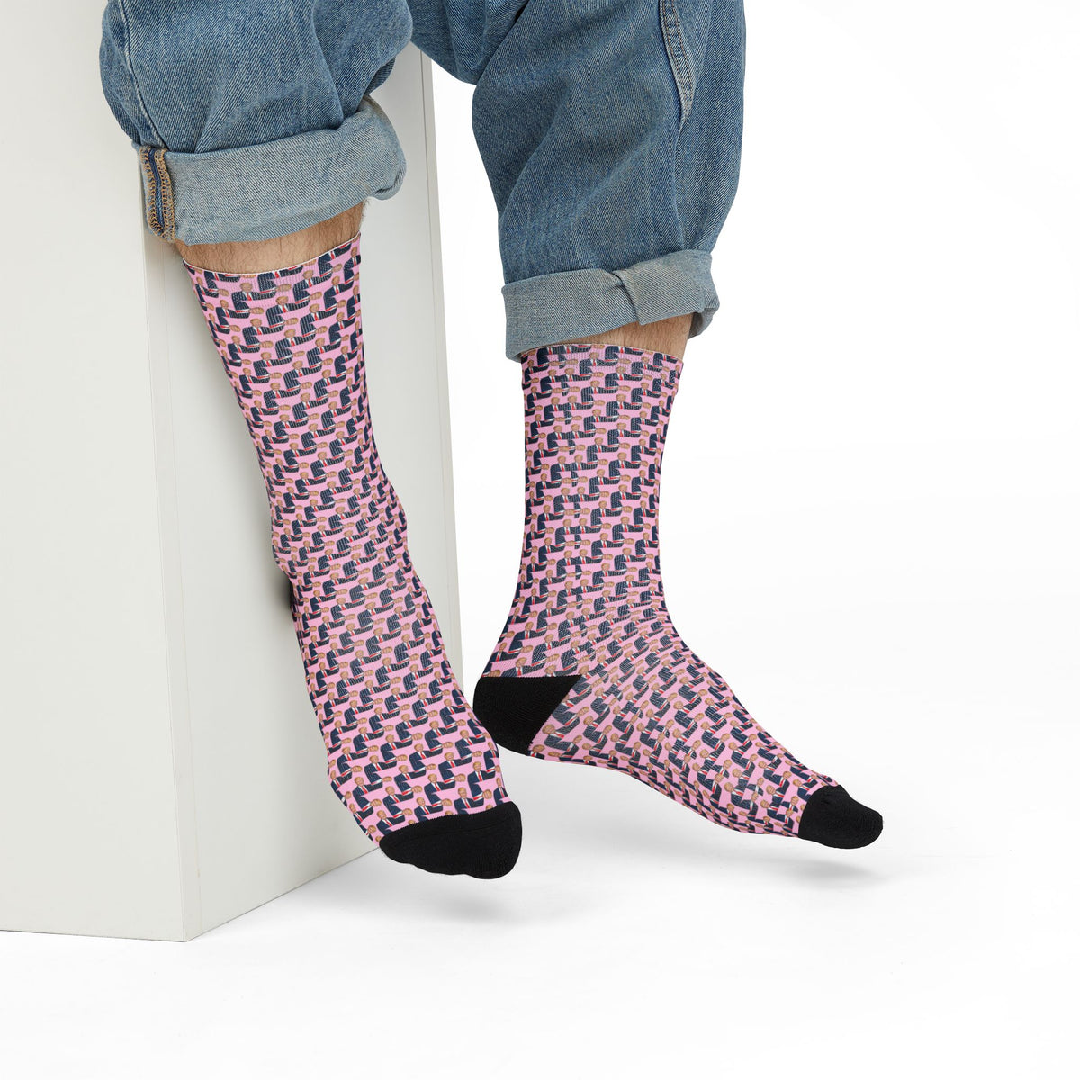Donald Trump pink crew socks worn with cuffed jeans in a casual lifestyle mockup