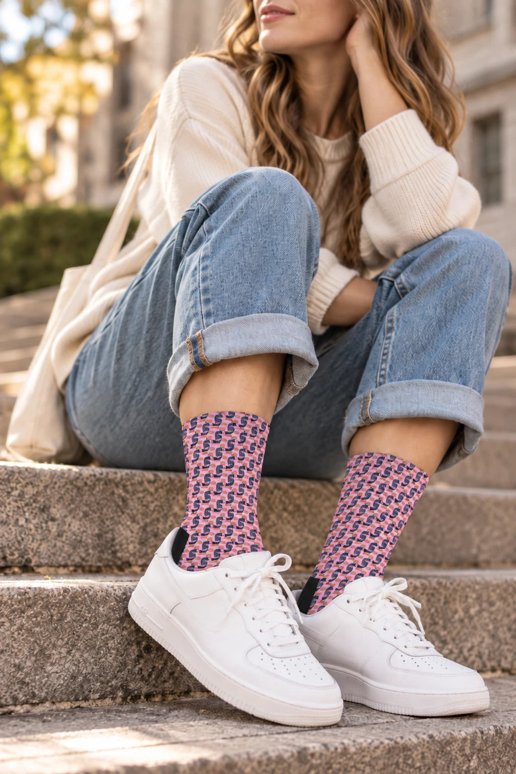 Donald Trump pink crew socks styled with white sneakers and cuffed jeans in a female campus lifestyle scene