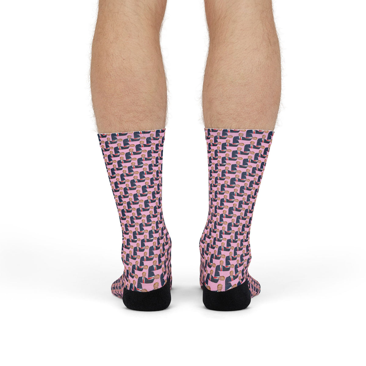 Rear view of Donald Trump pink crew socks showing full crew length and black heel sections