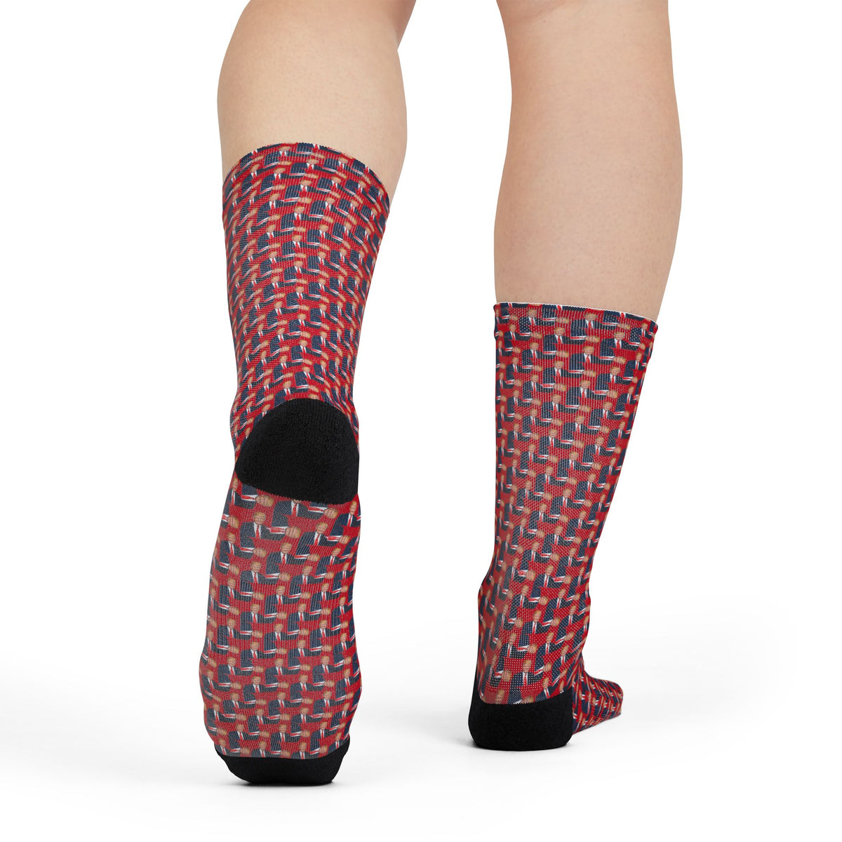 Back view of Donald Trump red crew socks showing black heel detail and repeating portrait print