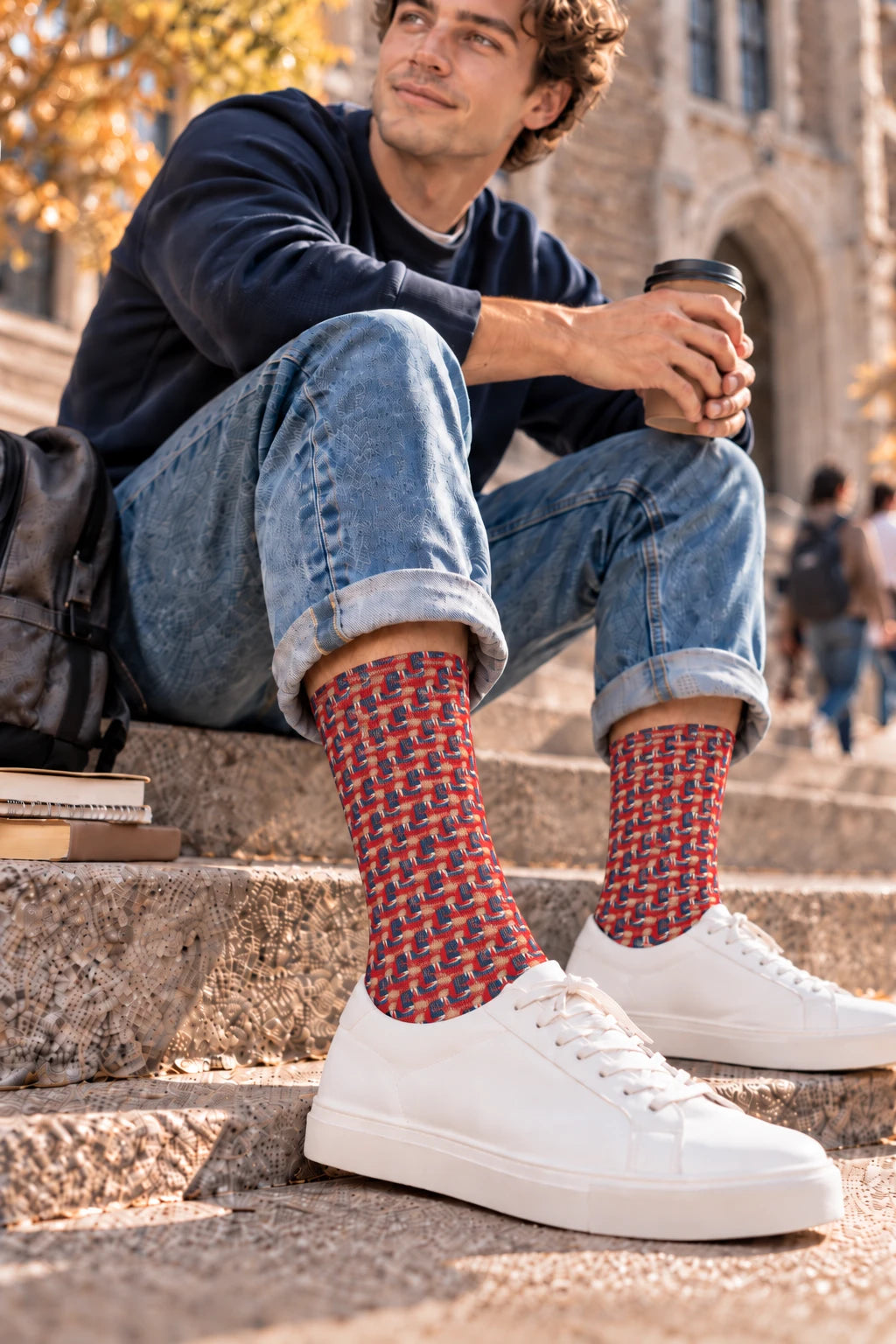 Donald Trump red crew socks styled with white sneakers in a college campus lifestyle scene