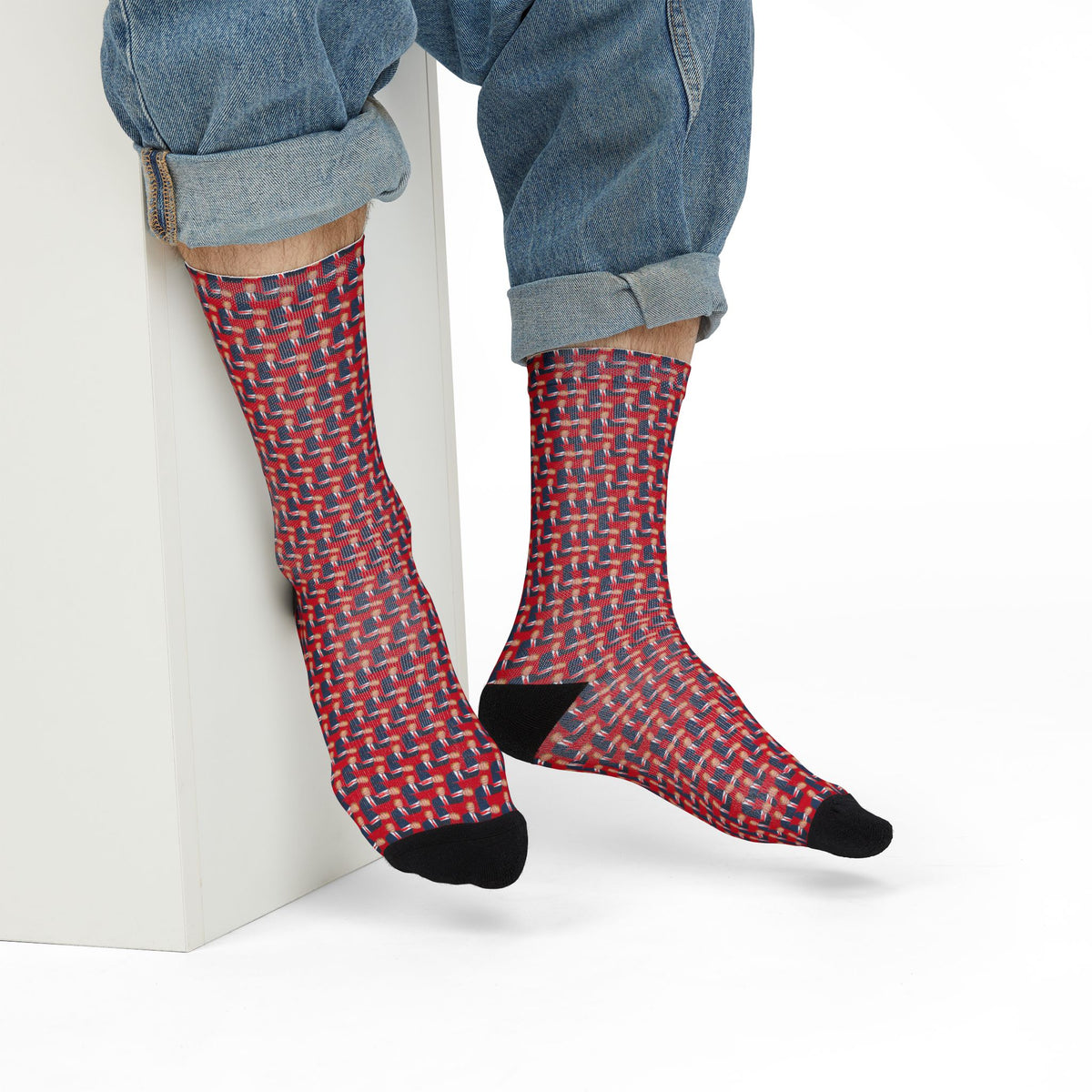 Donald Trump red crew socks worn with cuffed jeans for a casual political streetwear look