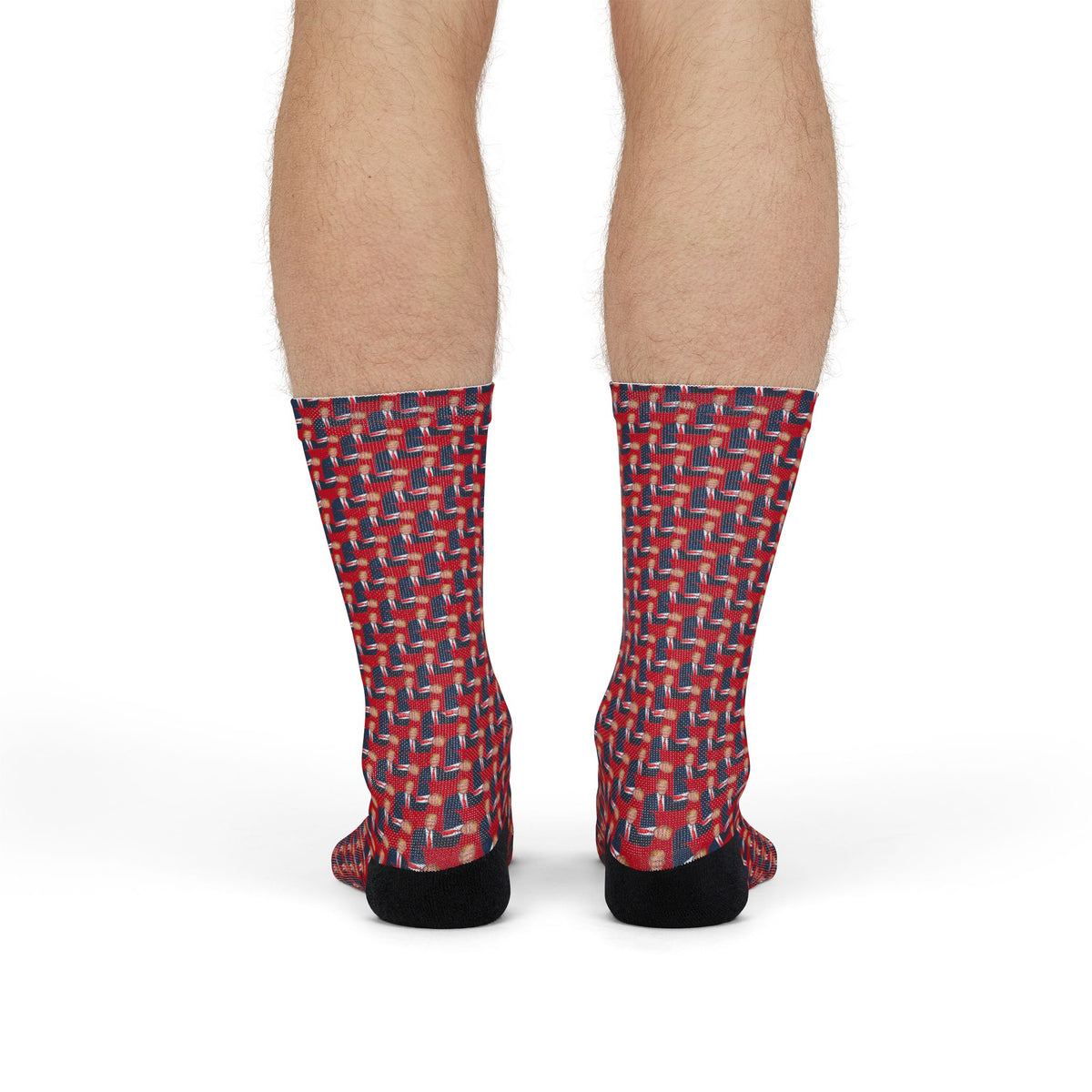 Rear view of Donald Trump red crew socks showing full crew length and black heel sections