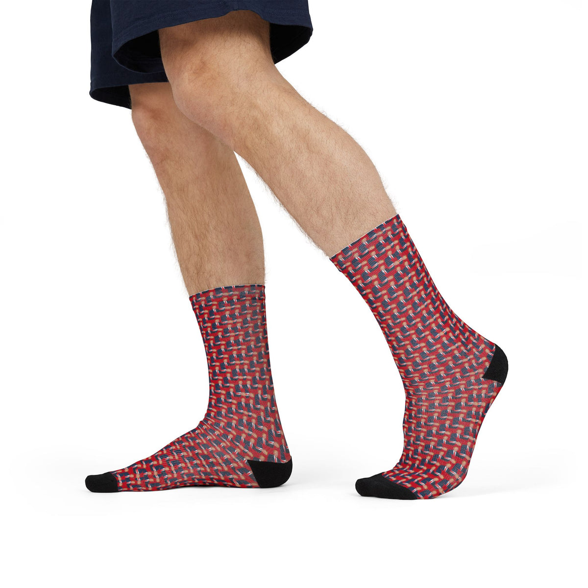 Donald Trump red crew socks shown in walking side view with bold repeating political pattern
