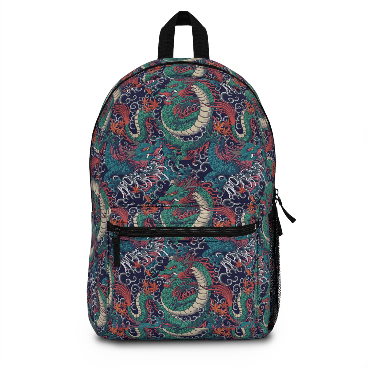 Front view of Dragon Pattern Backpack with colorful all-over dragon graphic and front pocket.