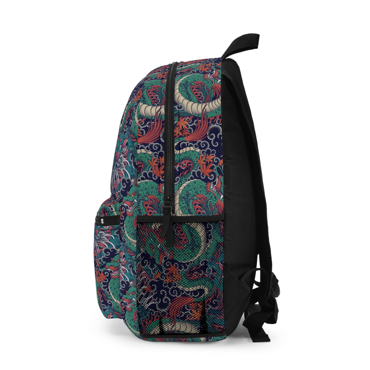 Opposite side view of Dragon Pattern Backpack with graphic dragon pattern and black adjustable straps.