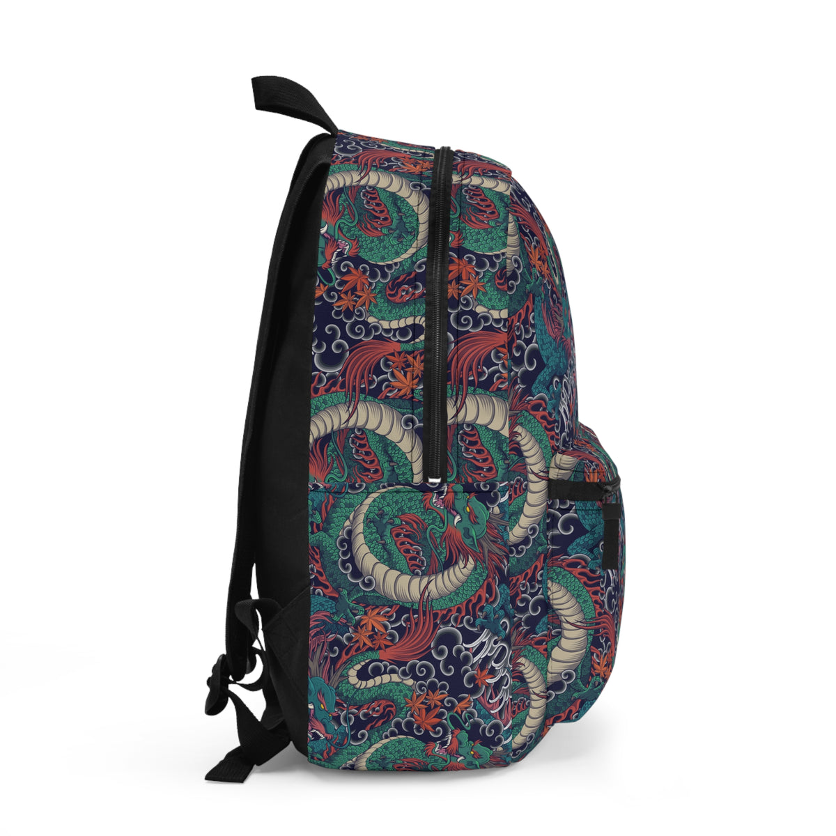Side view of Dragon Pattern Backpack showing the all-over dragon print, zipper profile and shoulder straps.