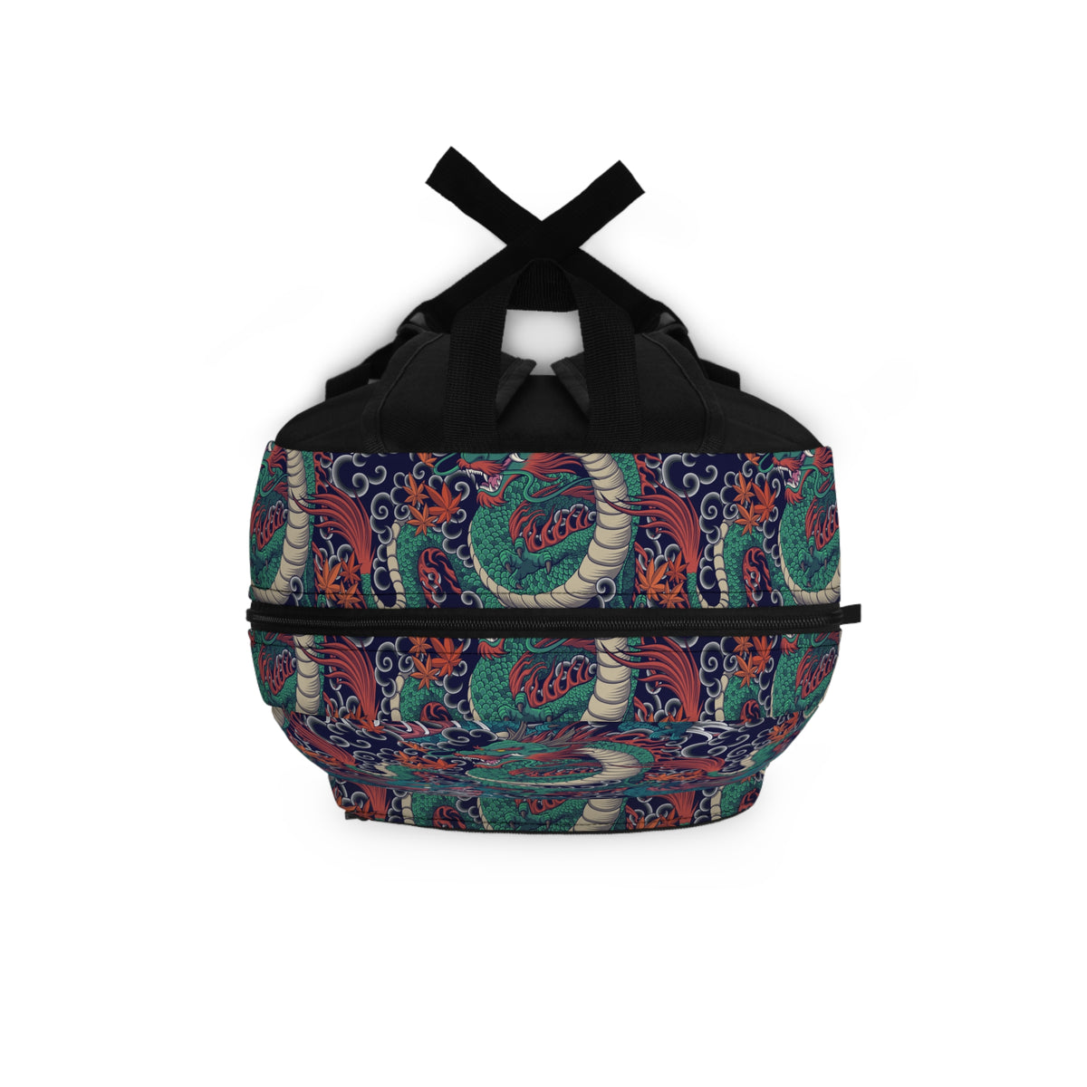 Top and back view of Dragon Pattern Backpack showing the carry handle, shoulder straps and all-over print.