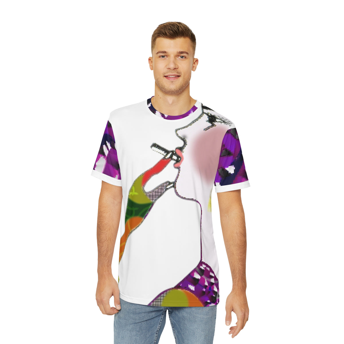 Man wearing Drizzy colorful abstract graphic T-shirt front view