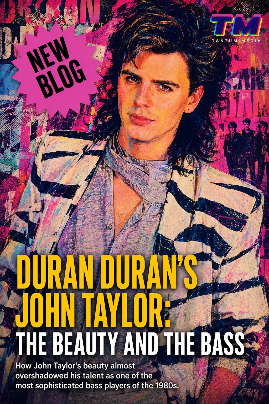 John Taylor of Duran Duran featured in an editorial about MTV culture, 1980s music, New Romantic fashion, and sophisticated bass playing