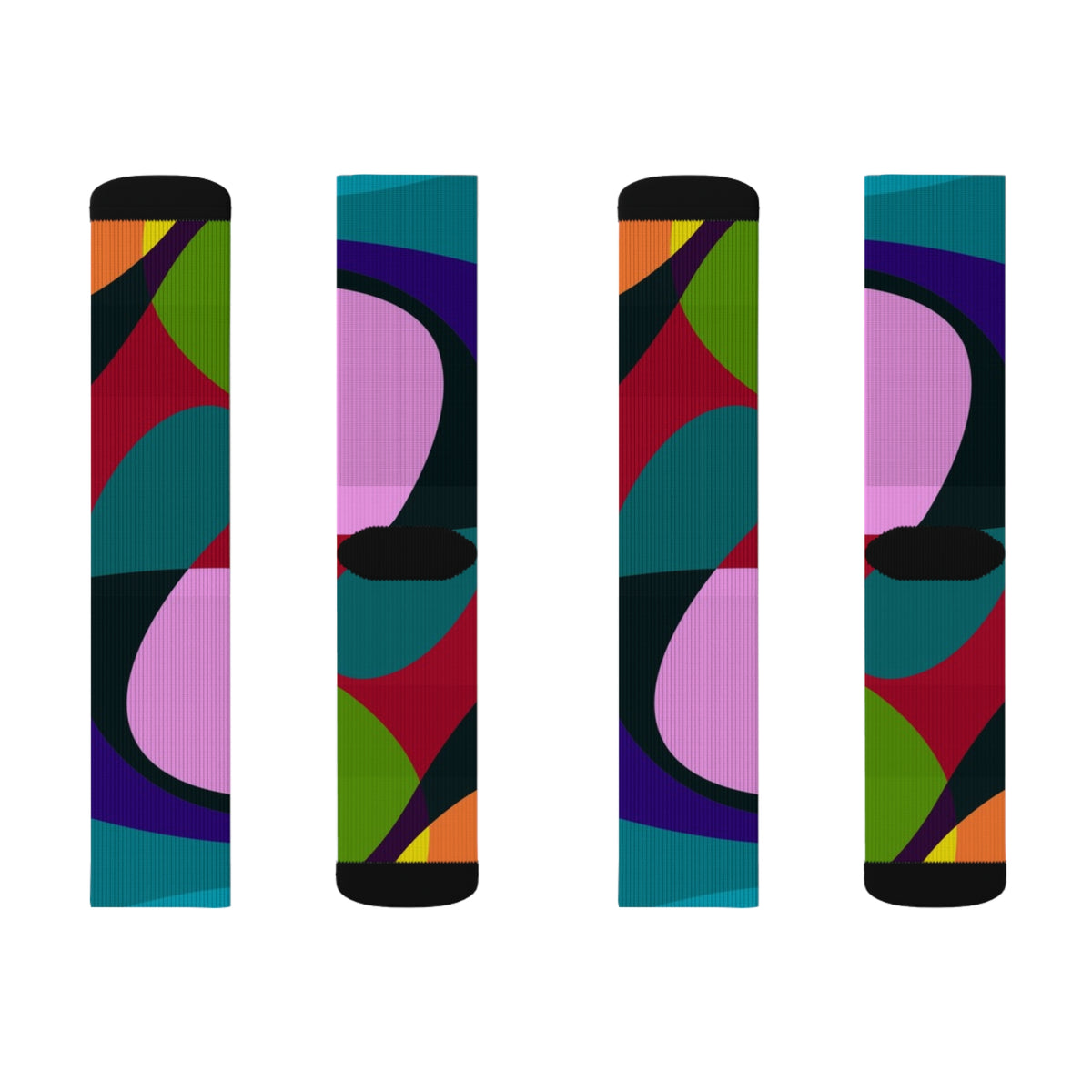 Multiple views of Earthy Colors Swirl crew socks with bold geometric color-block design.