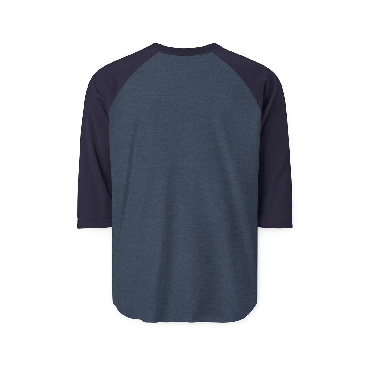 Back view of the heather navy graphic baseball shirt with dark navy three-quarter raglan sleeves.
