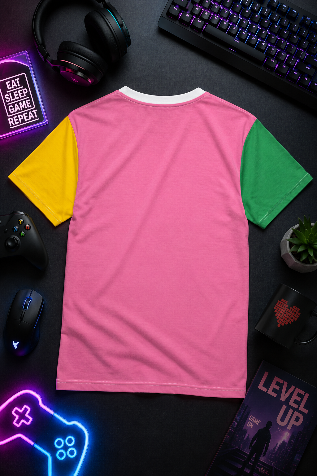 Angled flat lay back view of retro gamer t-shirt