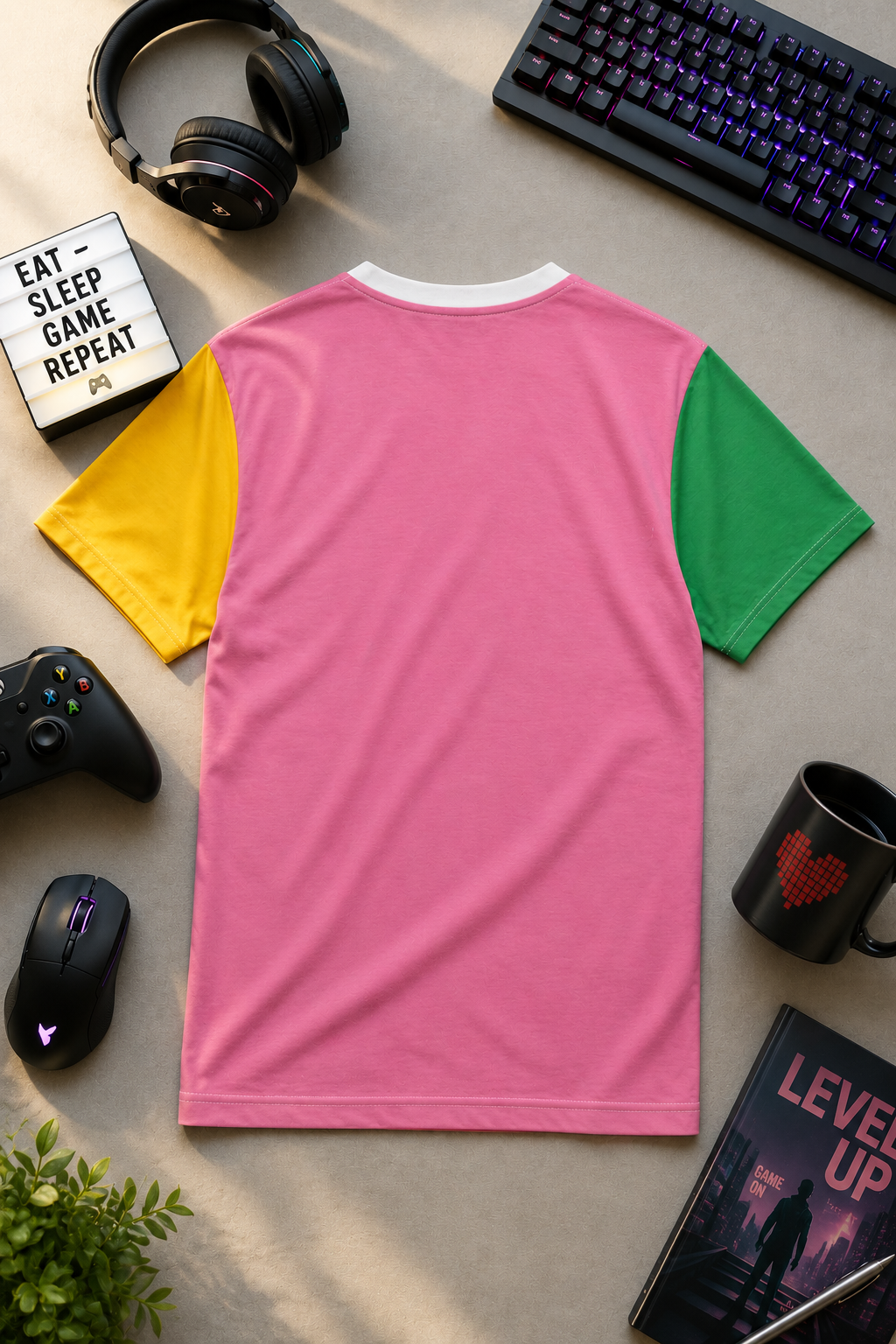 Back view flat lay of pink unisex gamer t-shirt with color block sleeves