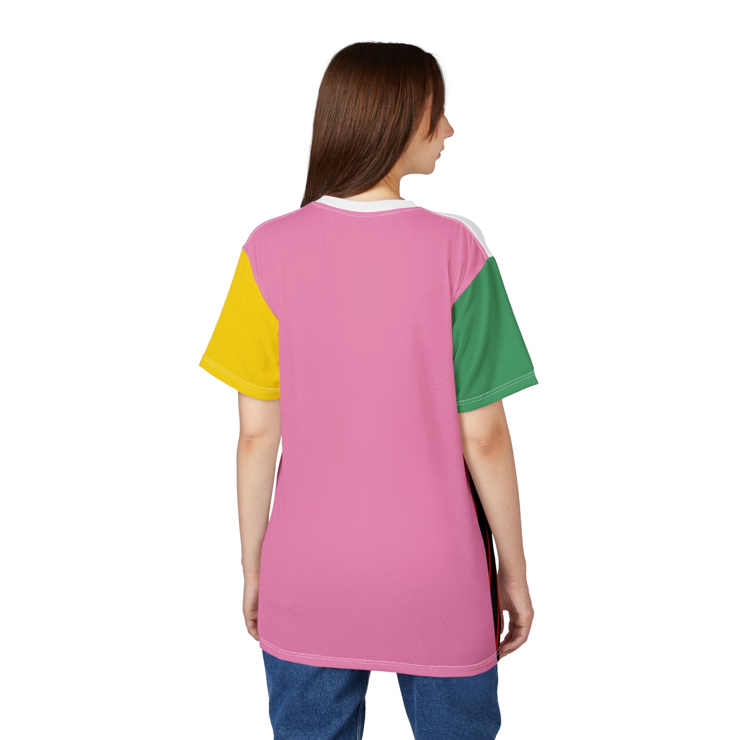 Female model wearing back view of unisex gamer t-shirt
