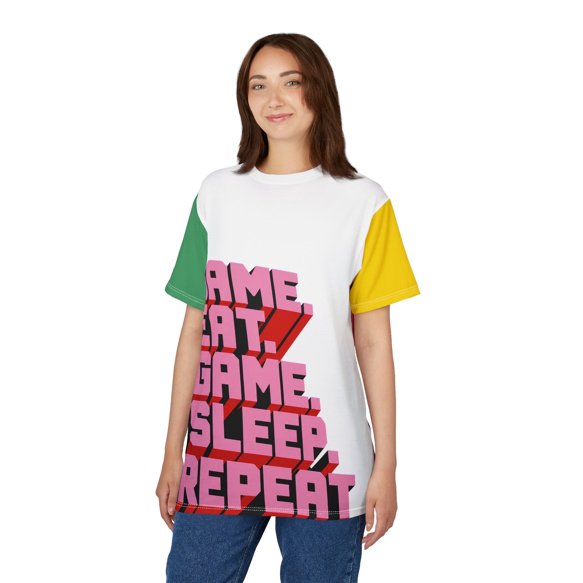 Female model wearing Eat Sleep Game Repeat retro gamer t-shirt
