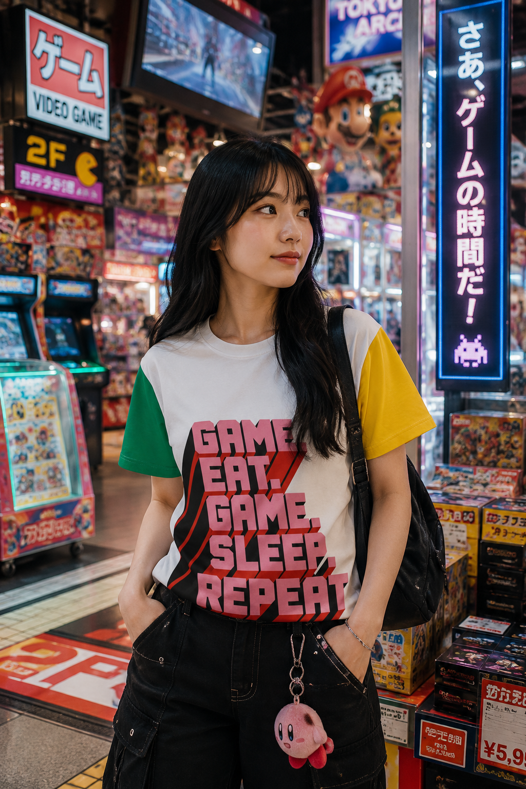 Female model wearing Eat Sleep Game Repeat gamer t-shirt in arcade setting