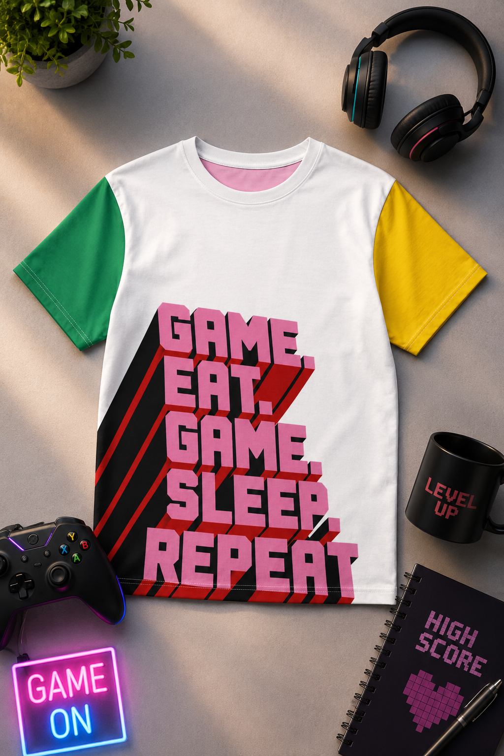 Flat lay of Eat Sleep Game Repeat gamer t-shirt with gaming accessories
