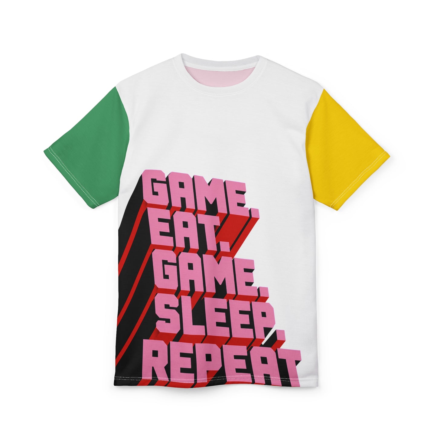Front view of Eat Sleep Game Repeat unisex gamer t-shirt with retro graphic print