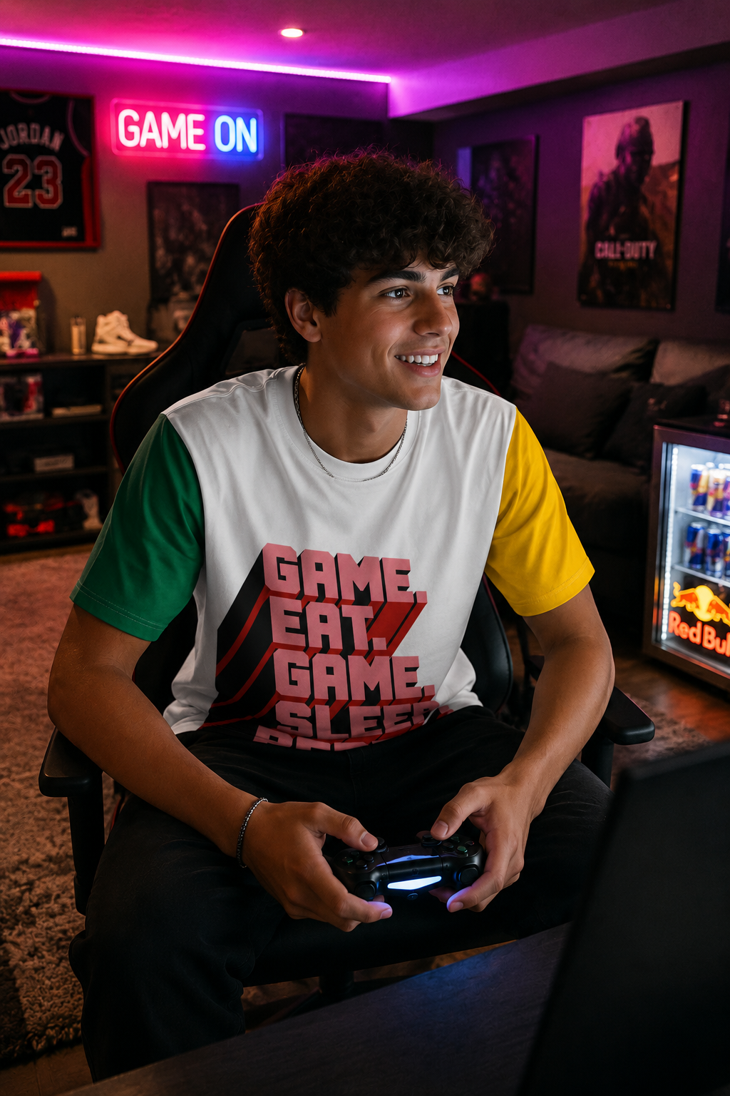 Gamer wearing Eat Sleep Game Repeat t-shirt during gaming session