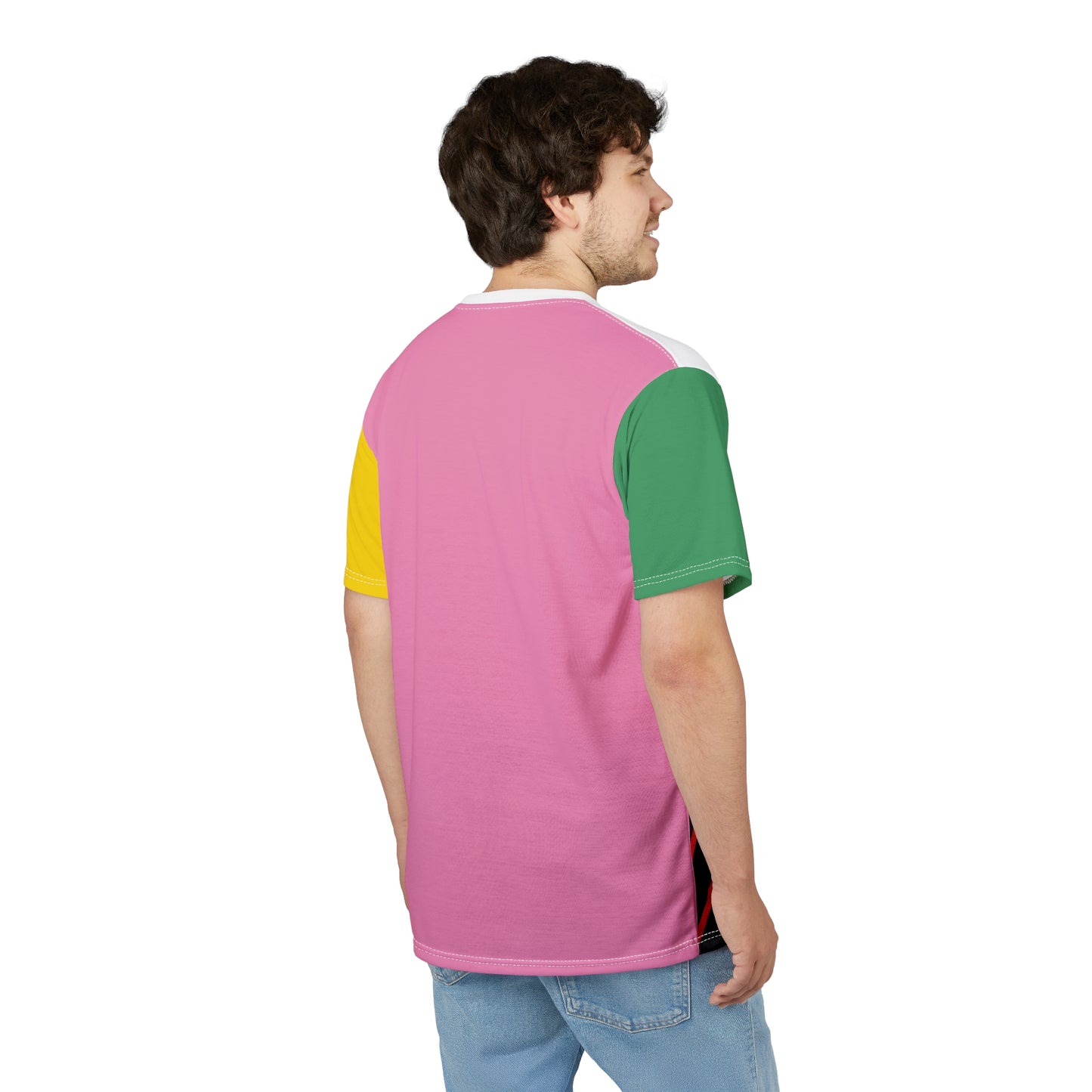 Male model showing back view of pink gamer t-shirt