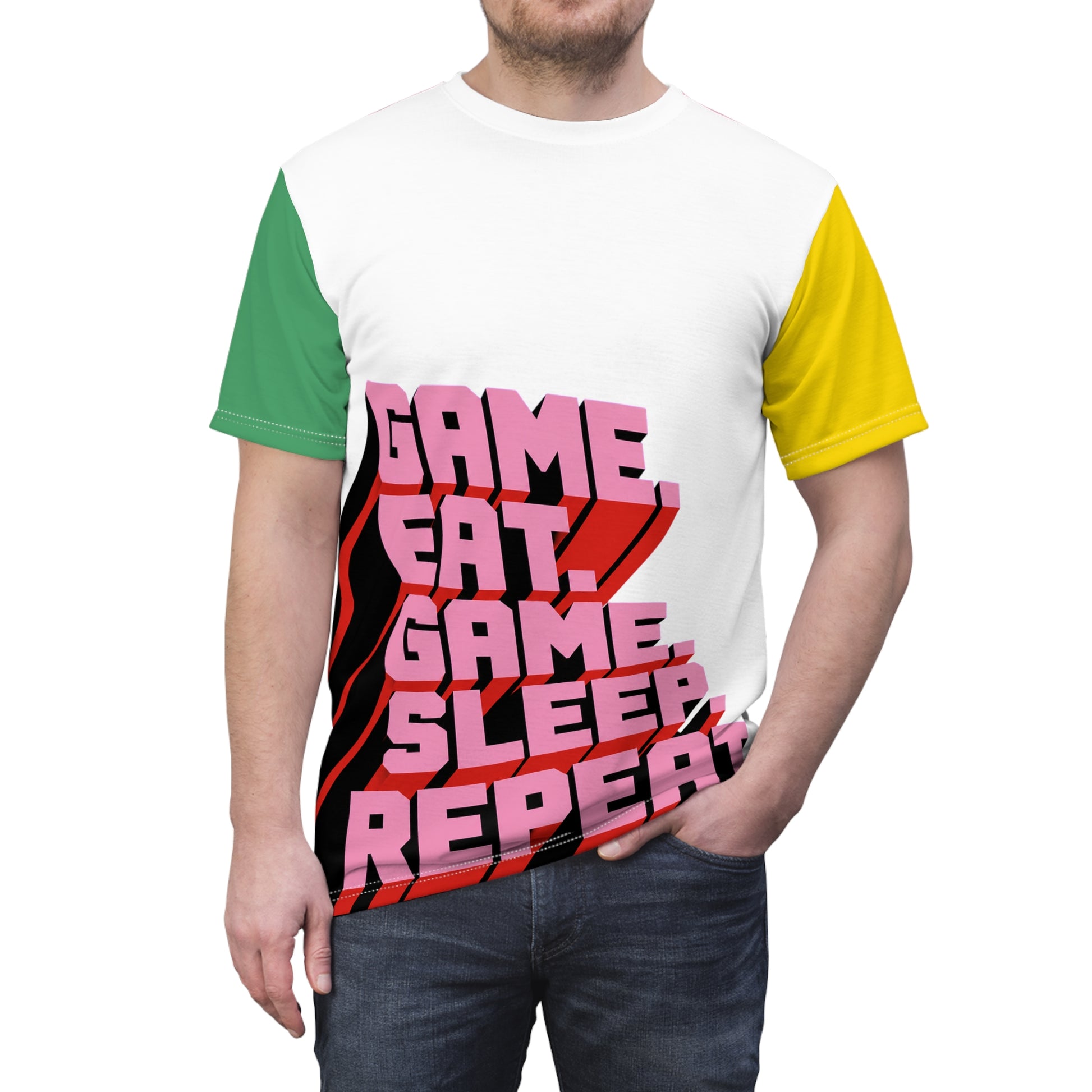 Front fit view of unisex Eat Sleep Game Repeat graphic gamer t-shirt
